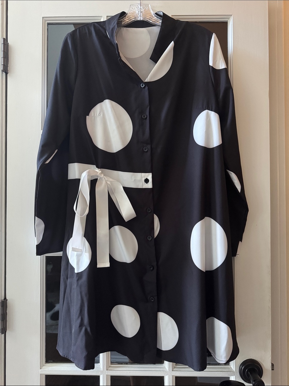 SHEIN Black Long-Sleeve Polka Dot Button-Front Dress with White Tie